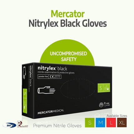 MERCATOR Nitrylex Black S dydžio pirštinės – profesionalios, plonas nitrilis, patikima apsauga procedūrų metu