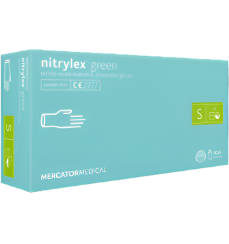 MERCATOR Nitrylex Green žalios nitrilinės pirštinės S dydžio manikiūro ir pedikiūro procedūroms, be pudros, 100 vnt.