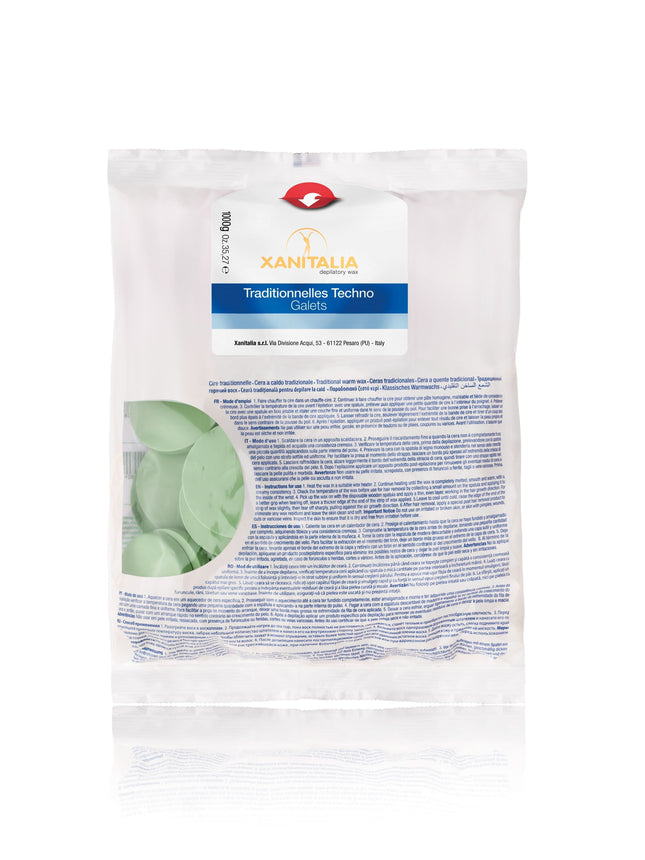 Xanitalia Green Tea Techno Hard Wax depiliacinio vaško diskai 1 kg – profesionali kietojo vaško formulė salonams