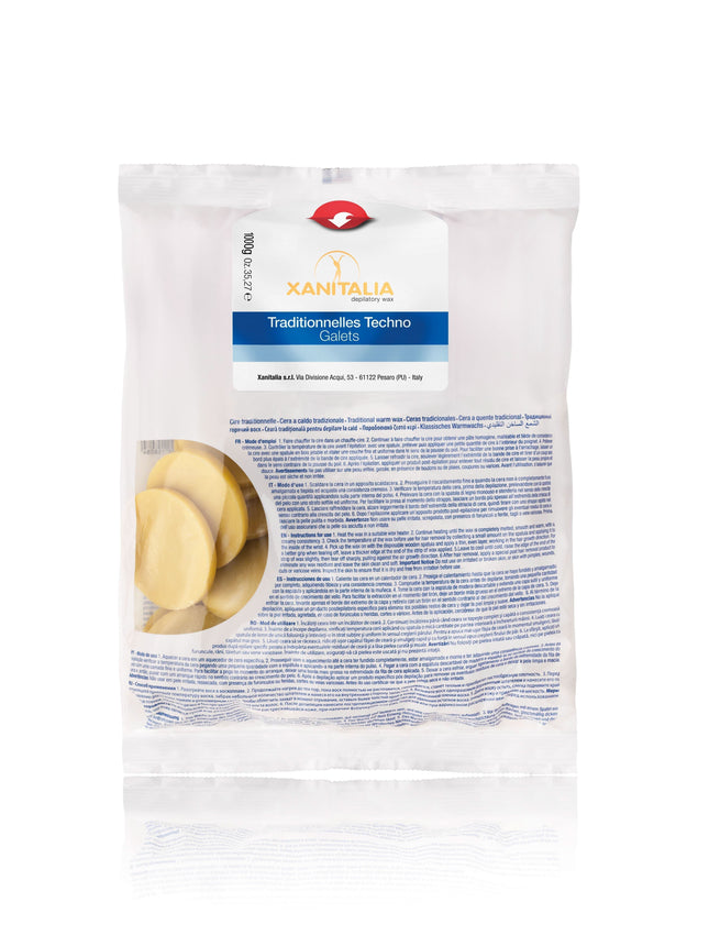 XANITALIA Yellow Techno Hard Wax depiliacinio vaško diskai 1 kg – profesionalus kietasis vaškas depiliacijai salonams